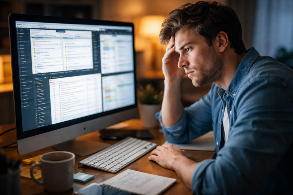 Pessoa sentada diante do computador com várias tarefas abertas na tela, olhando para o monitor com expressão de cansaço.